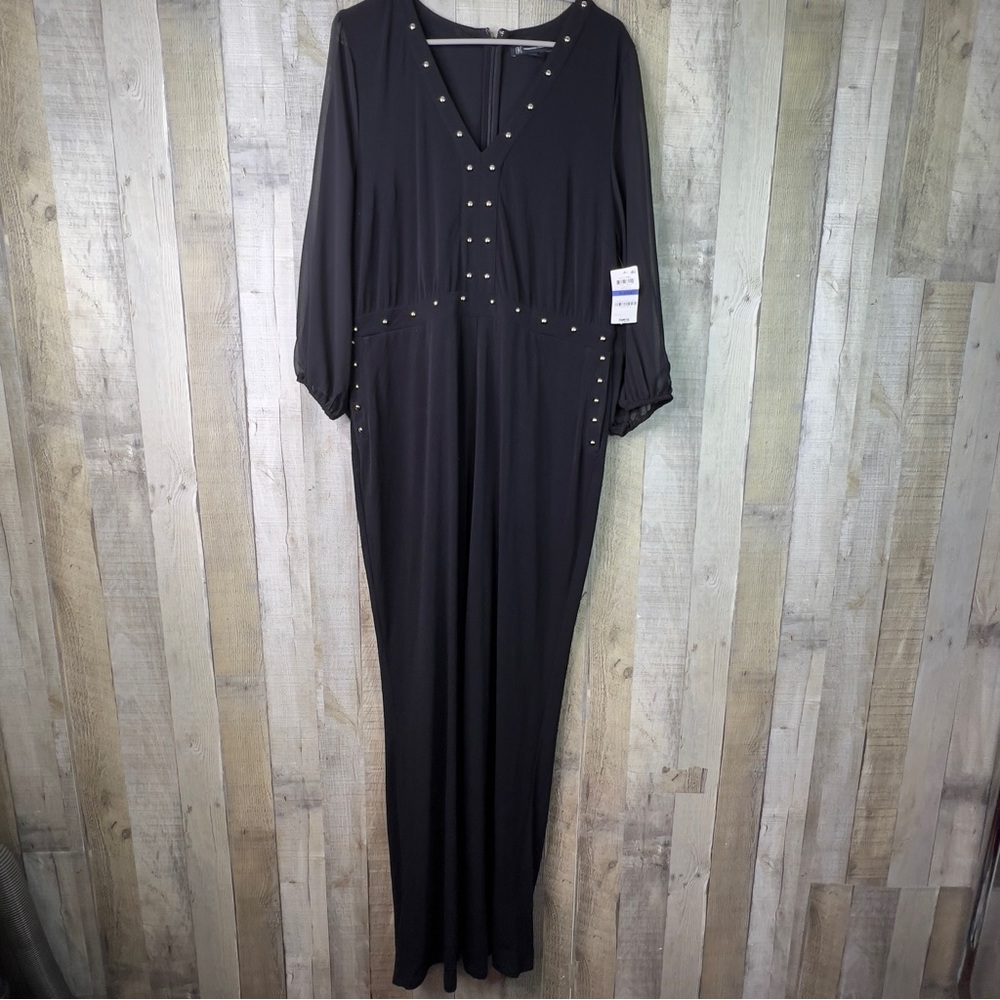 INC International Concepts XL Black V-Neck Chiffon Sheer Silver Studded Jumpsuit